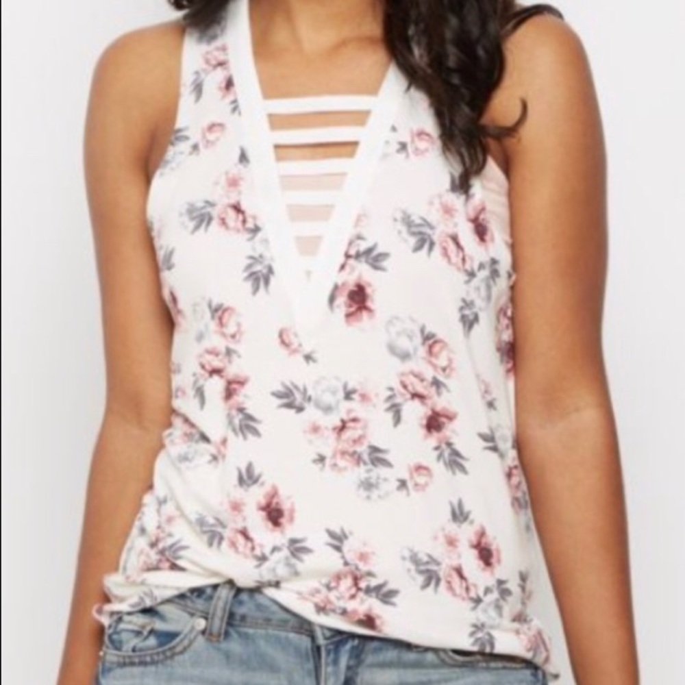 Rue21 White Floral Caged V Neck Tank Top, Medium